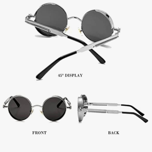 Retro Round Steampunk Silver Metallic Sunglasses UV400 Men & Women Bikercore - Picture 9 of 15